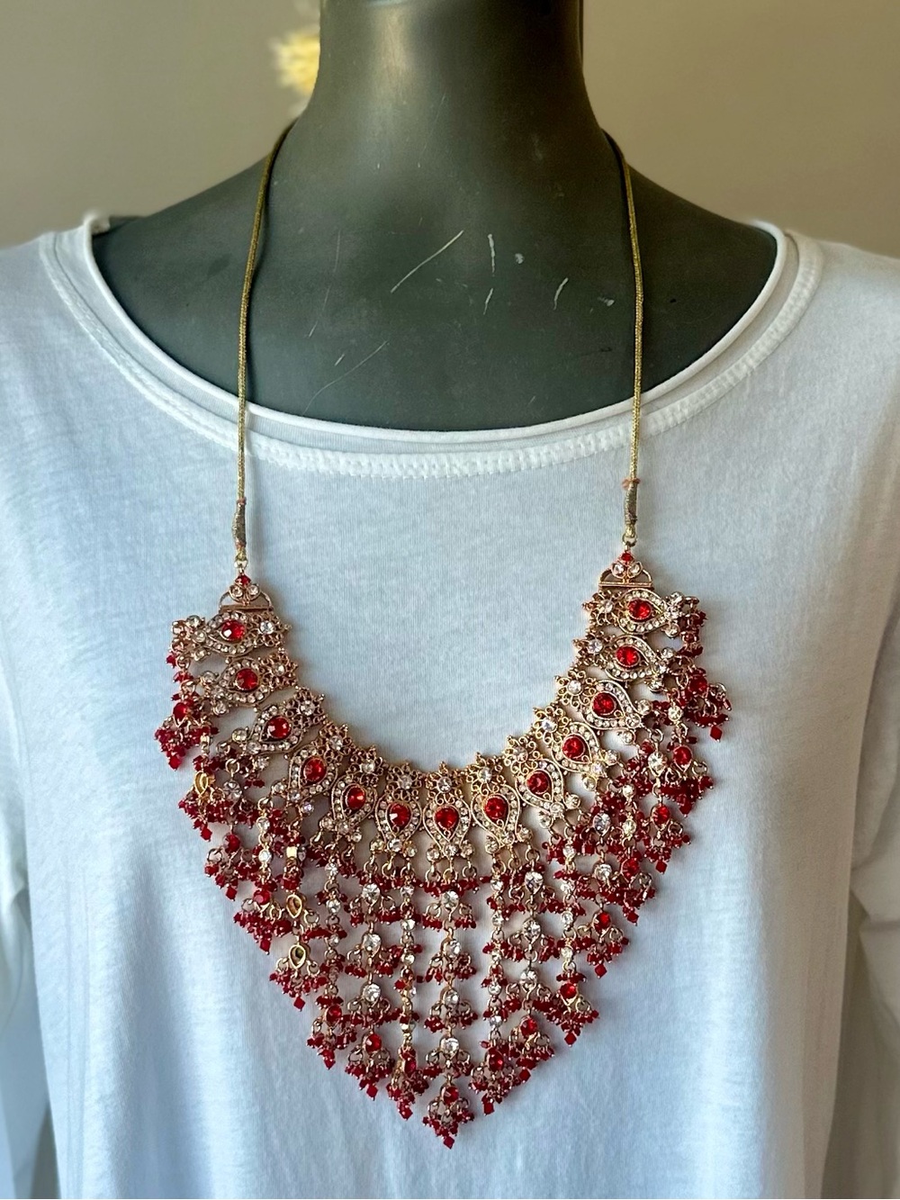 Gold-Tone Red Beaded Filigree Bib Bridal Indian Necklace - Women Jewelry